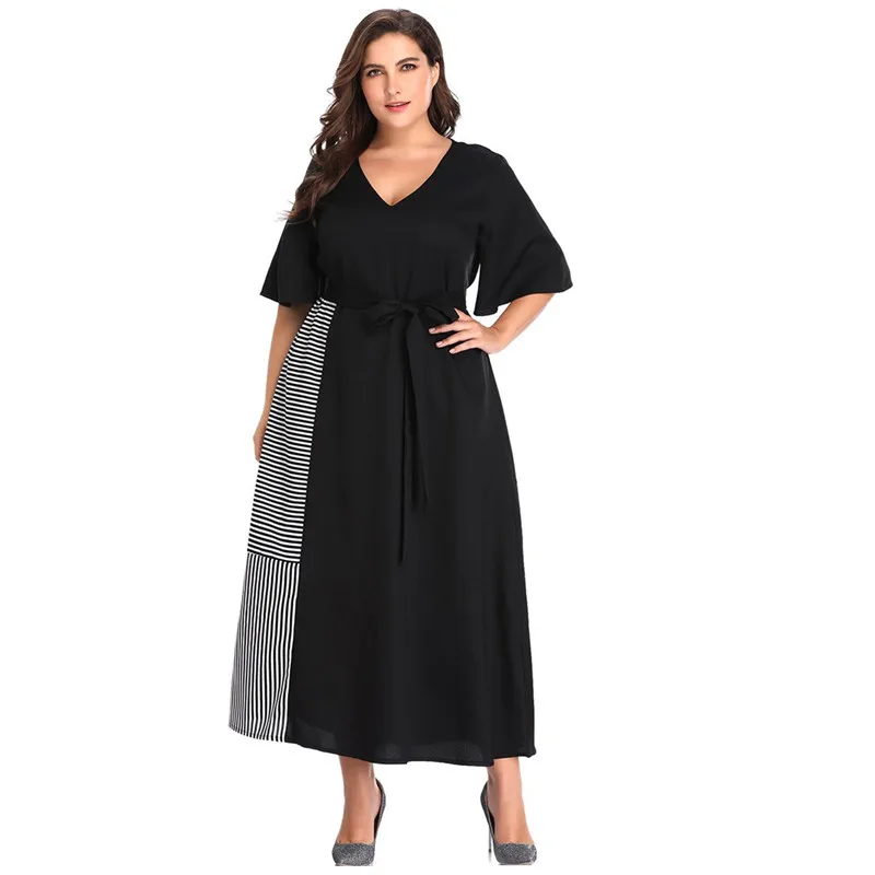 

Summer Dress Woman XL-5XL Large Size Dress Casual V Neck Patchwork Short Sleeve Femme Plus Size Long Dress HY8630