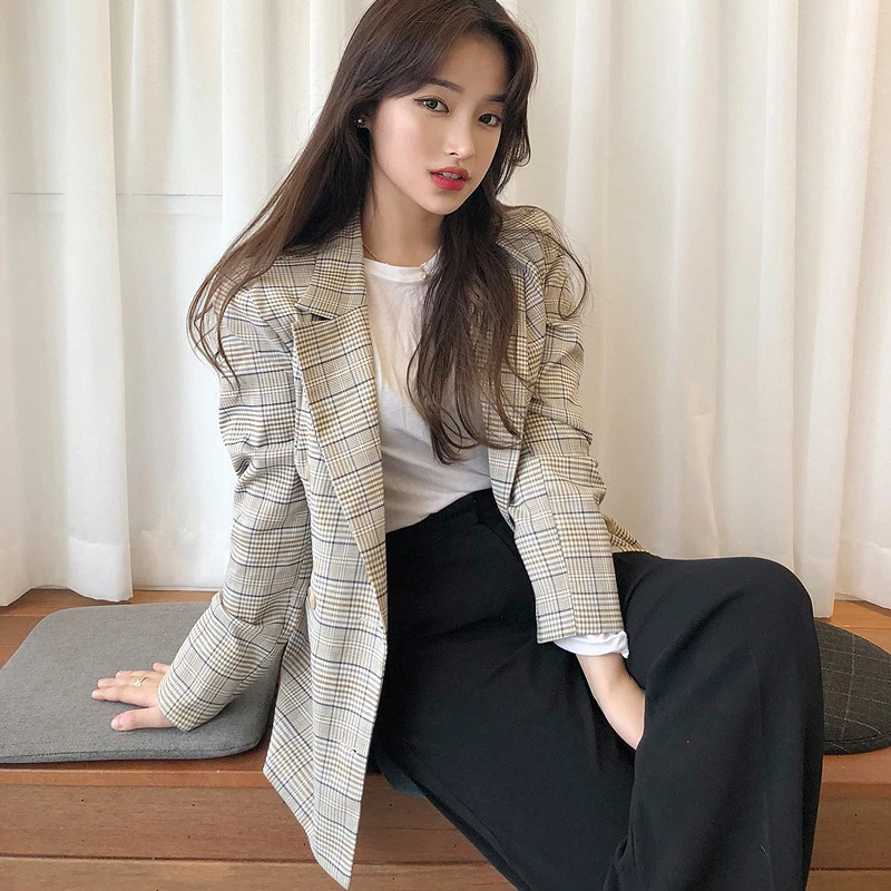 BGTEEVER Classic Plaid Jacket Double Breasted Women Blazer