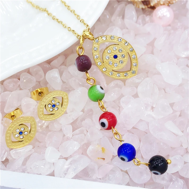 

New Colorful Blue Evil Eye Crystal Jewelry Sets for Women Silver Gold Stainless Steel Turkish Necklaces Earrings Gifts Accessor