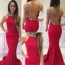 2016 Sexy Long Evening Dress Red Mermaid Dress To Party Open Back Design Crystal Beaded Prom Gowns Sweep Train Robe De Soiree