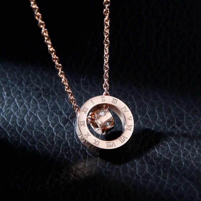 

Crystal Double Circle Pendant Short Chain Women Necklace Titanium Stainless Steel Rose Gold Color Choker Necklace Female Jewelry