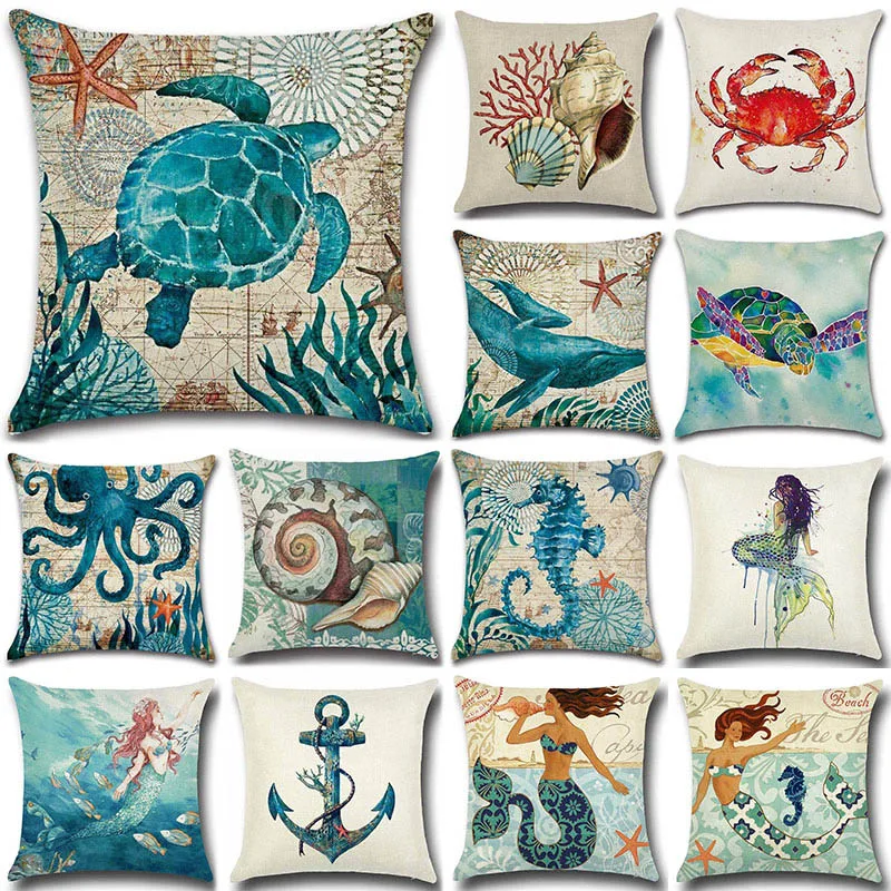 1pcs Fish Turtle Ocean Sea Pattern Cotton Linen Throw Pillow