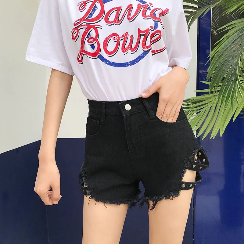 

Harajuku Side Belt Tassel High Waist Blue Black Sexy Jeans Women Summer Korean Fashion Wide-leg Short Jeans Ladies Clothes M194