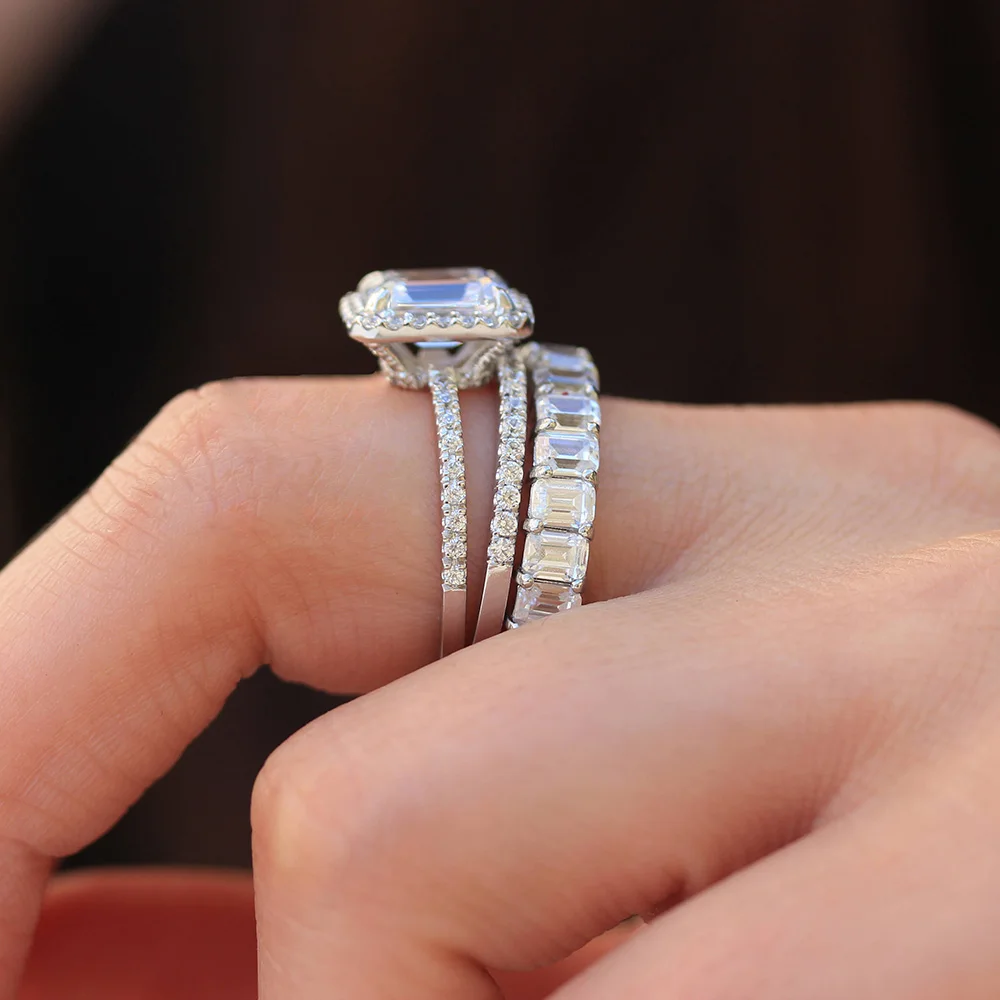 Твердое кольцо 14 к из белого золота изумруд DF Brilliant 5.5ct Moissanite Halo, обручальное кольцо, лаборатория, бриллиантовый браслет для женщин, хорошее ювелирное изделие, 3 шт