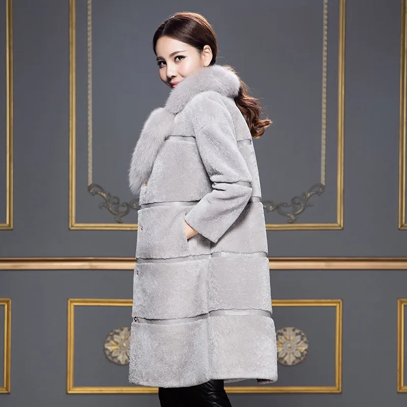 Зимнее женское меховое пальто размера плюс 4XL, утолщенные теплые куртки, повседневные длинные пальто из искусственного меха ягненка, Женская парка с воротником из лисьего меха LQ448
