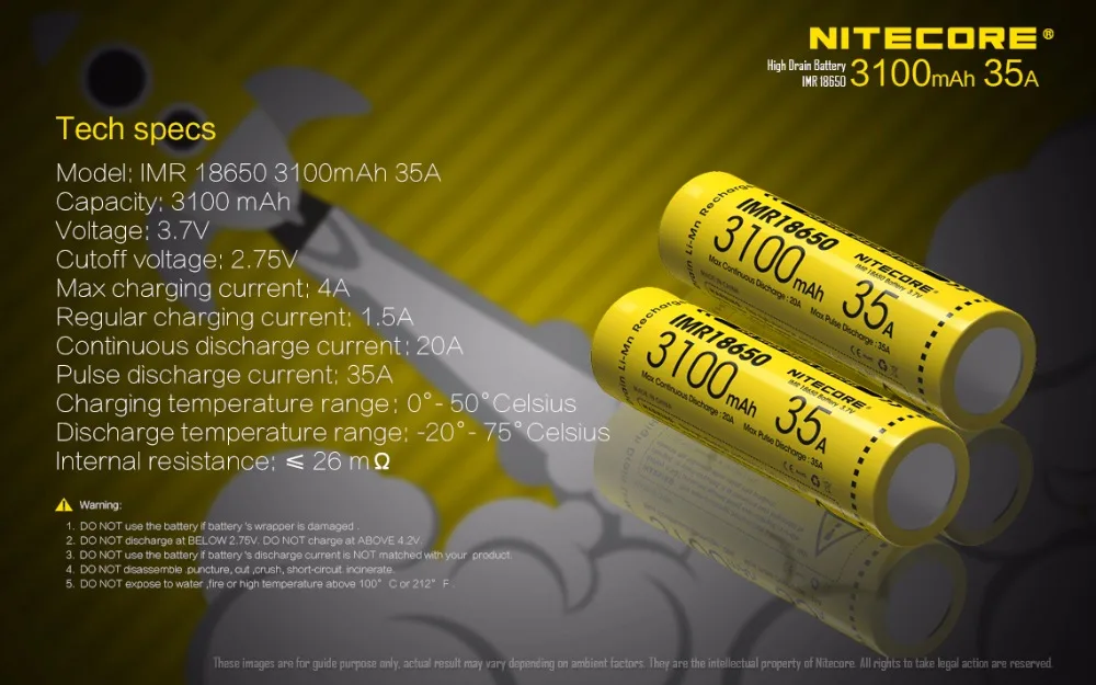 Nitecore IMR18650 3100 mAh 35A 3,7 v плоская аккумуляторная батарея