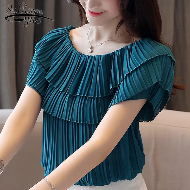 

summer women blouses 2019 Short Sleeve ruffles chiffon Blouse top Female casual O-neck blouse women shirts ladies tops 4940 60