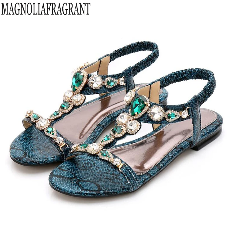 Womens Denim Flat Slippers Retro Cloth Rhinestone Beaded Slingback Flip Flops Comfy Lightweight Slip On Sandals Beach Party Shoes