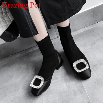 

2018 superstar large size crystal flock mid-calf boots square heel cow leather square toe strech sock boots winter shoes L66