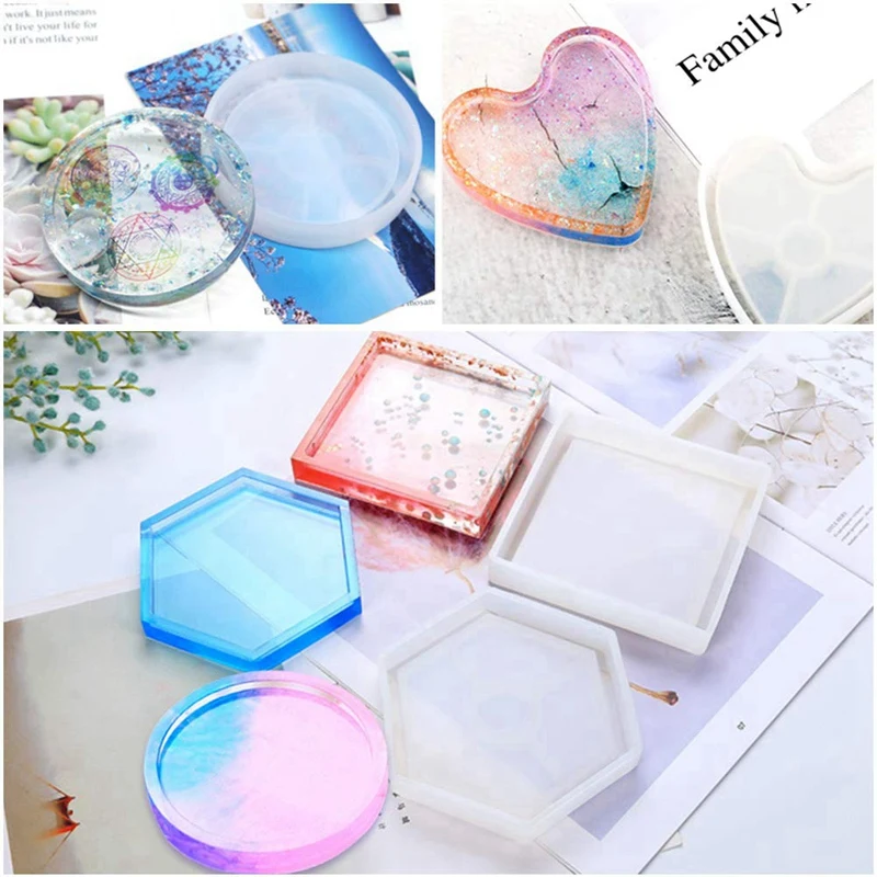 4 упаковки Diy Coaster Силиконовые формы эпоксидные литейные формы включают круглые шестигранные квадратные формы сердца для смолы Бетон цемент с 1