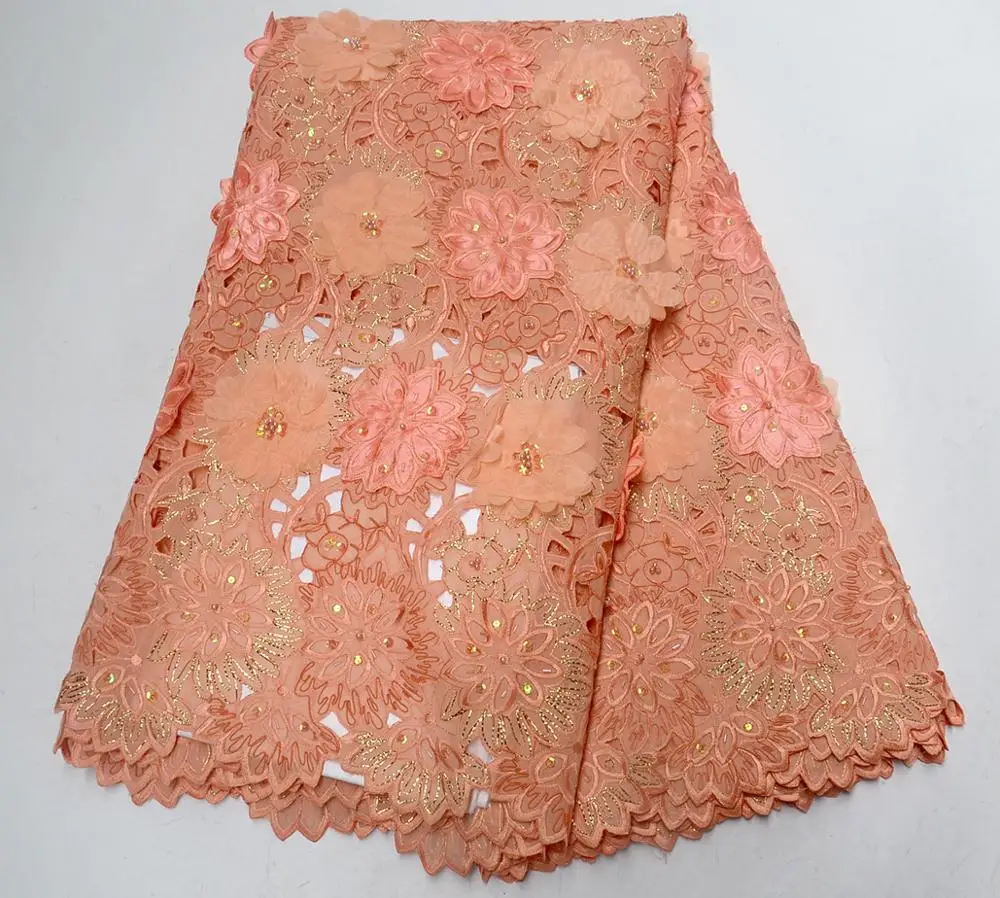 

Nigerian Lace Fabrics for Wedding 2019, African French Lace Fabric High Quality 3D Appliques Peach Handwork Lace Fabric
