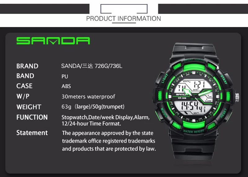 Multifunction waterproof dual display LED digital man's outdoor sport watch shock resistant couples watch