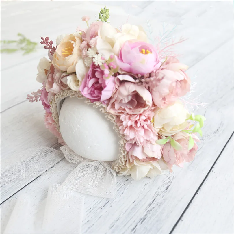 

Vintage Newborn Floral Bonnet Baby girl Hat For Photography Knitted Newborn Garden Flower Bonnet For Photo Shoot Props