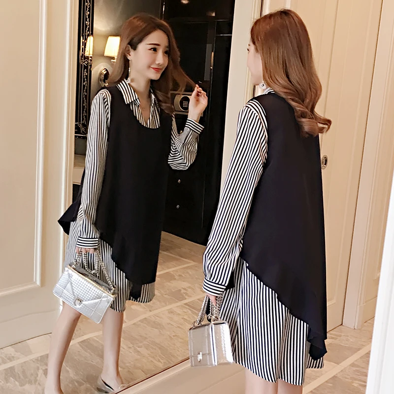 

9181# Colors Block Striped Cotton Maternity Blouses Dress with Tank 2018 Autumn New Fashion Clothes for Pregnant Women Pregnancy