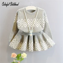 

Hot Style Girls Lovely wave Stripe Embroidery Sweater Skirt+knitted Shirts Two Piece Set Baby Costume Children's Autumn Overalls
