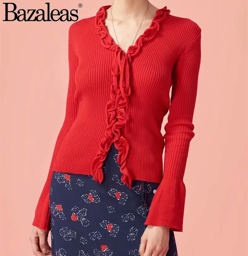 

Ruffle V Neck Women Buttons Sweater Elastic Flare Sleeve Cardigans Color Sweaters