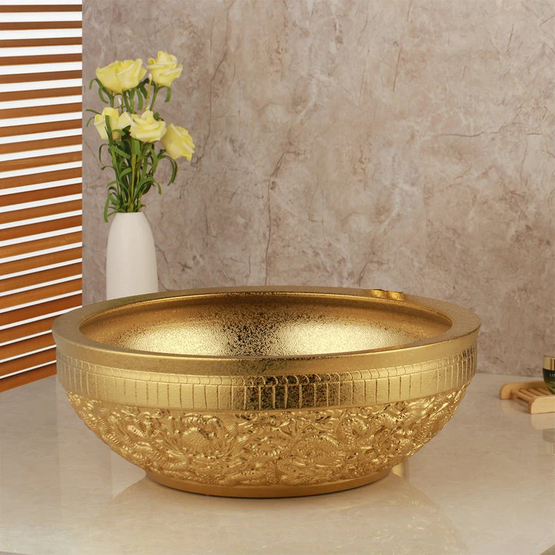 JIENI золотистый керамический умывальник для ванной комнаты Набор раковины тисненый Твердый латунный кран комбинированный смеситель кран бесплатно облетает - Цвет: Ceramic Basin Only 2