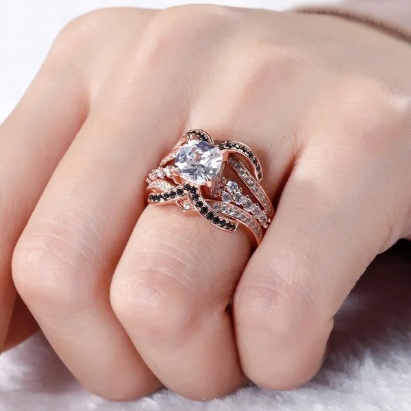 

Female Rose Gold Ring Crystal Black Zircon Filled Wedding Engagement Rings Set for Women Jewelry Accessories Size 6-10