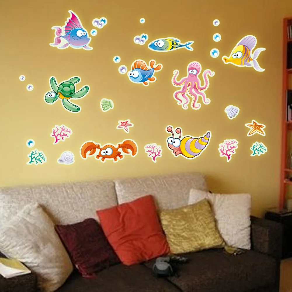 

Undersea World Fish Tortoise Octopus Luminous Fluorescent Removable PVC Wall Stickers Home Decoration Y0019