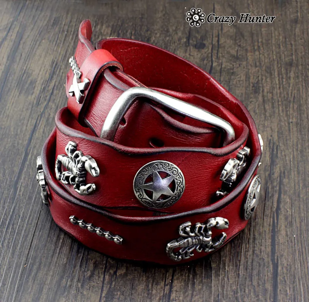 Scorpion Studded Men Biker Rock Red Genuine Leather Leather Belt in Men's Belts from Apparel