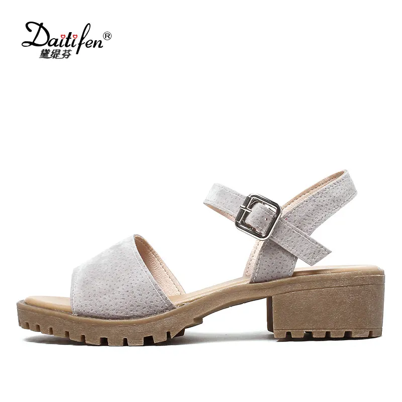

Daitifen Hot Summer Leisure Women's shoes Block Heel Footwear Black Grey Brown Peep Toe Female's Med Heel Sandals Large Size