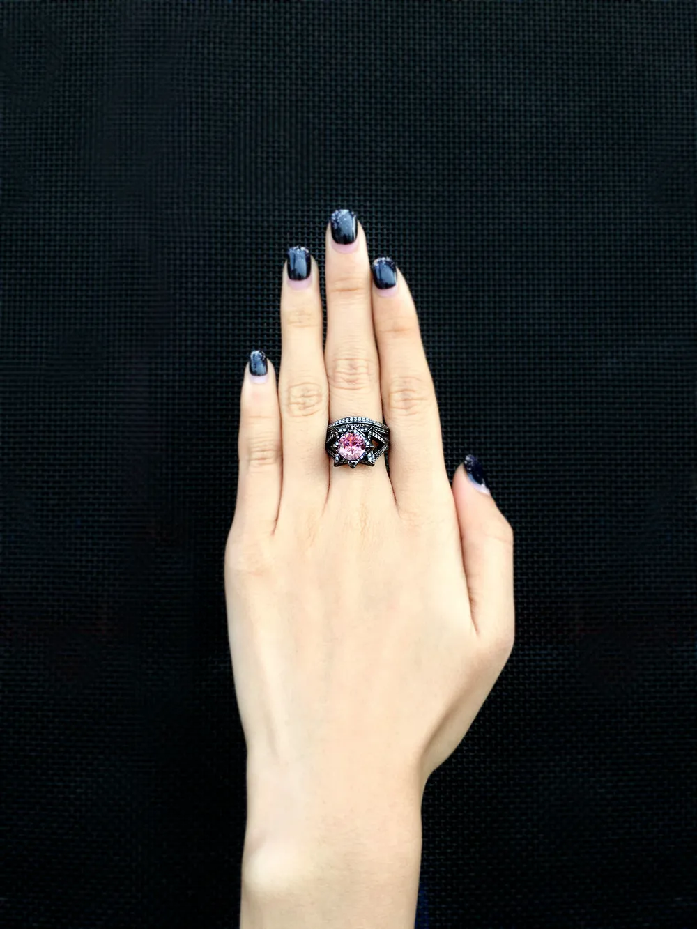 Double Fair Cubic Zirconia Pink Crystal Rings Sets Black Gold Color Engagement / Wedding Ring Sets Fashion Women Jewelry DFR618