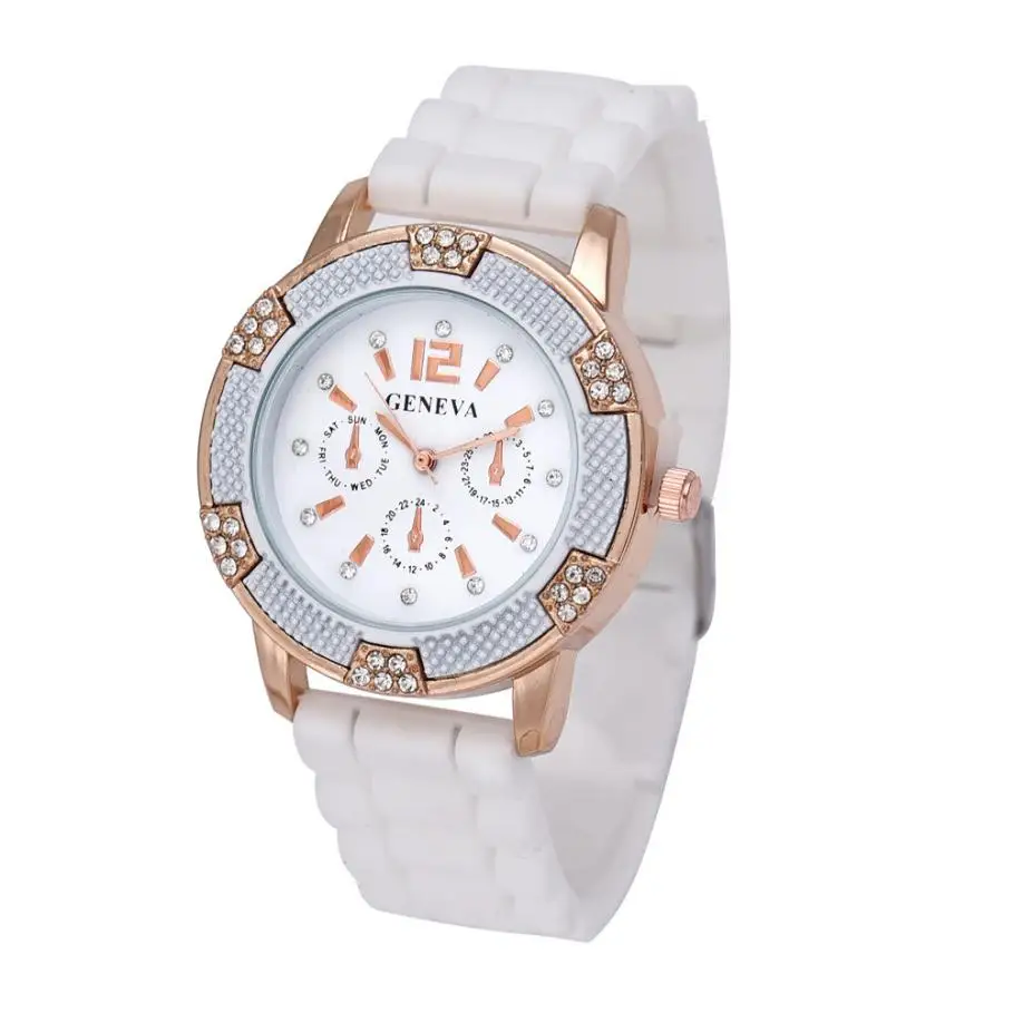 

Womans Rose Gold Chronograph Silicone with Crystal Rhinestones Bezel Wrist Watches Ladies luxury Girls Bracelet reloj mujer A60
