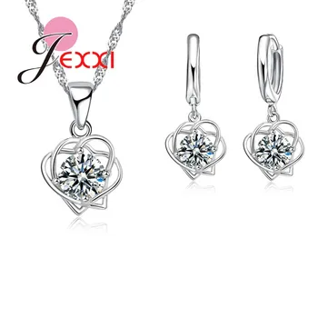 

Pretty Two Hollow Hearts Cross CZ Crystal Pendant Necklace Earrings 925 Sterling Silver Fashion Jewelry Sets For Women