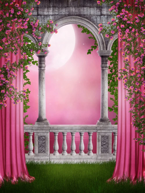 Wedding Studios Backgrounds Pink Curtain Fantasy Bright Moon Green Grasses  Valentine's Art Backgrounds - Backgrounds - AliExpress