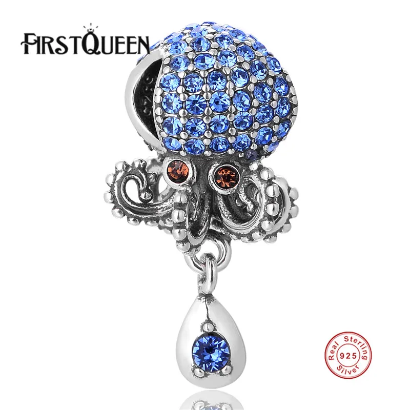 

FirstQueen Summer Octopus 925 Sterling Silver Charm With Full Crystal Fit Original Bracelet Snake Chain DIY Jewelry