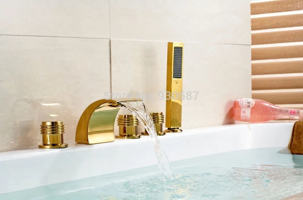 

Waterfall Gold-plate bath Tub Faucet Three Handles Mixer Tap With HandheldShower