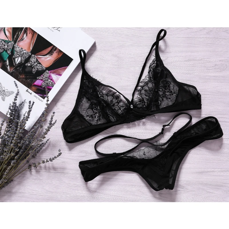 Women Lace Sexy Open Cup Bra + T-back Panty Erotic Lingerie Underwear Set