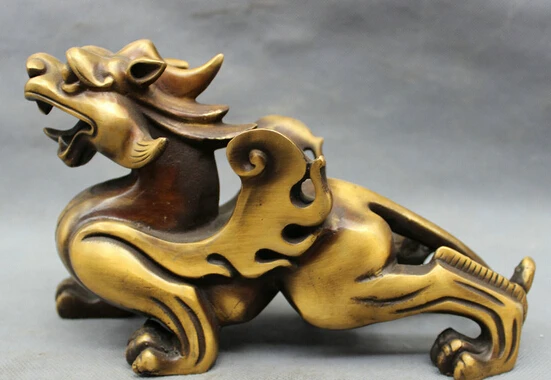 

005934 9" Folk Chinese Bronze Buddhist FengShui Wealth Unicorn Lion PiXiu Kylin Statue
