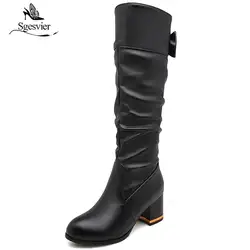 Sgesvier Для женщин толстый каблук сапоги до колена плиссированные бабочкой женская обувь на платформе Модные осень-зима Botas Размеры 33-48 OX779