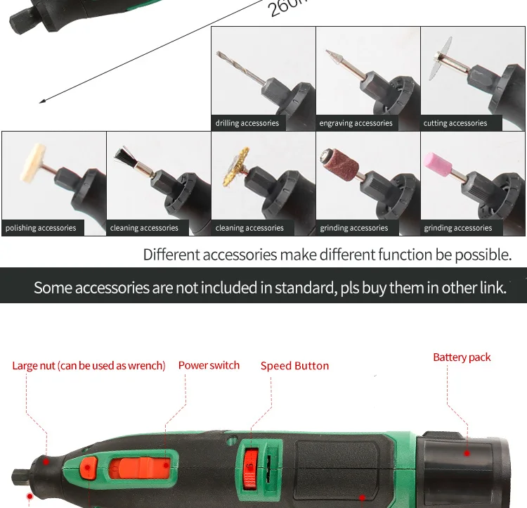 Инструмент Dremel на литиевой батарее 5000-25000/мин, вращающийся инструмент с переменной скоростью, электрическая мини-дрель, 6 скоростей, 13 аксессуаров