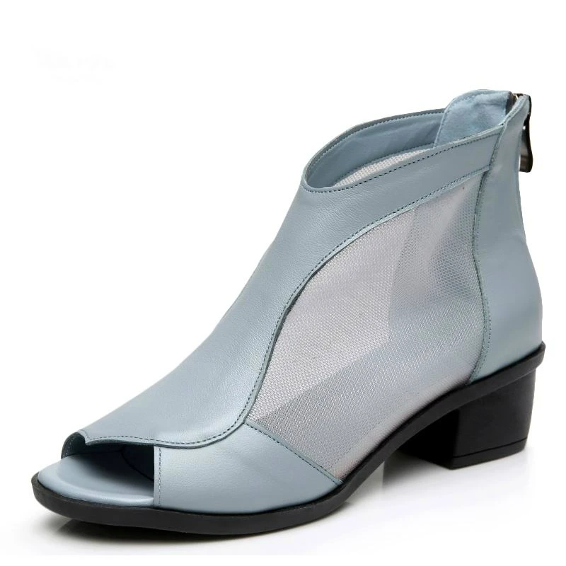light blue Новые женские летние туфли из натуральной кожи сандалии с открытым носком ботинки с кружевным плетением сандалии на толстом каблуке Mujer сандалии-гладиаторы из сетчатой ткани, Размеры 35-41 - Цвет: light blue