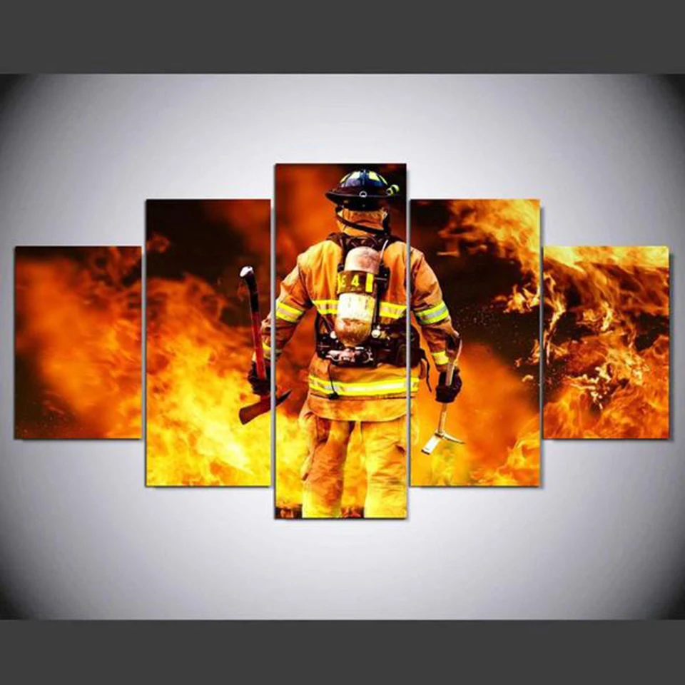 Decoration Posters Modular Picture On Canvas Wall Art Home 5P Firefighter Living Room Modern HD Printed Painting Framed | Дом и сад