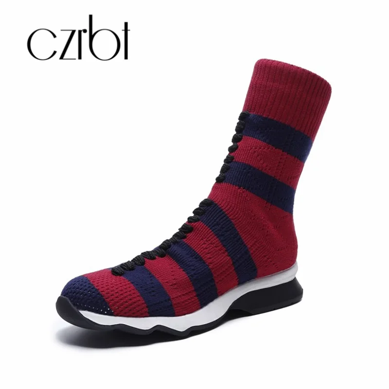 

czrbt 2018 Shoes Women Keep Warm Knitting Flat Bottom Sock Boots Fashion Casual Sneakers Non-Slip Mid-Calf Boots For Women