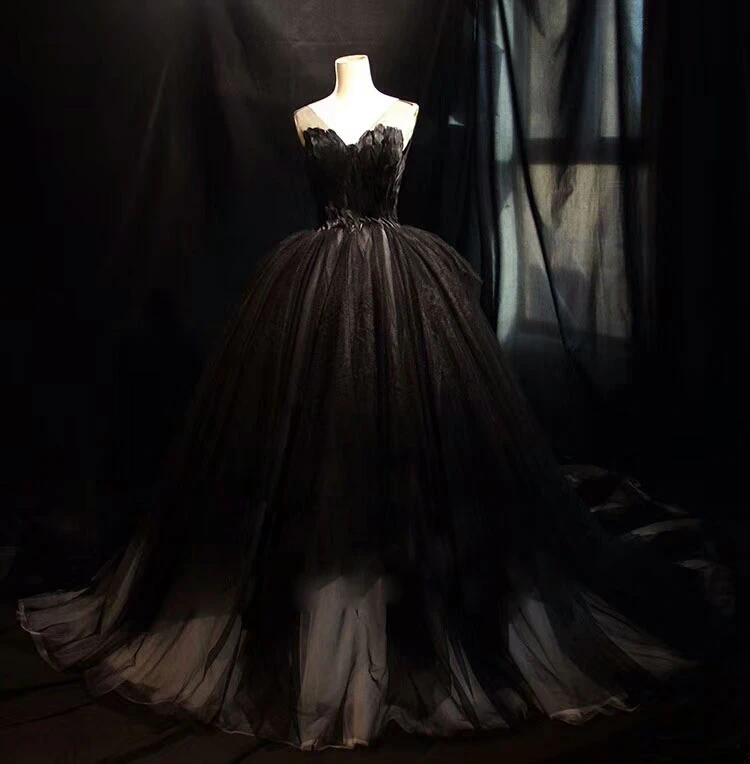 black feather ball gown