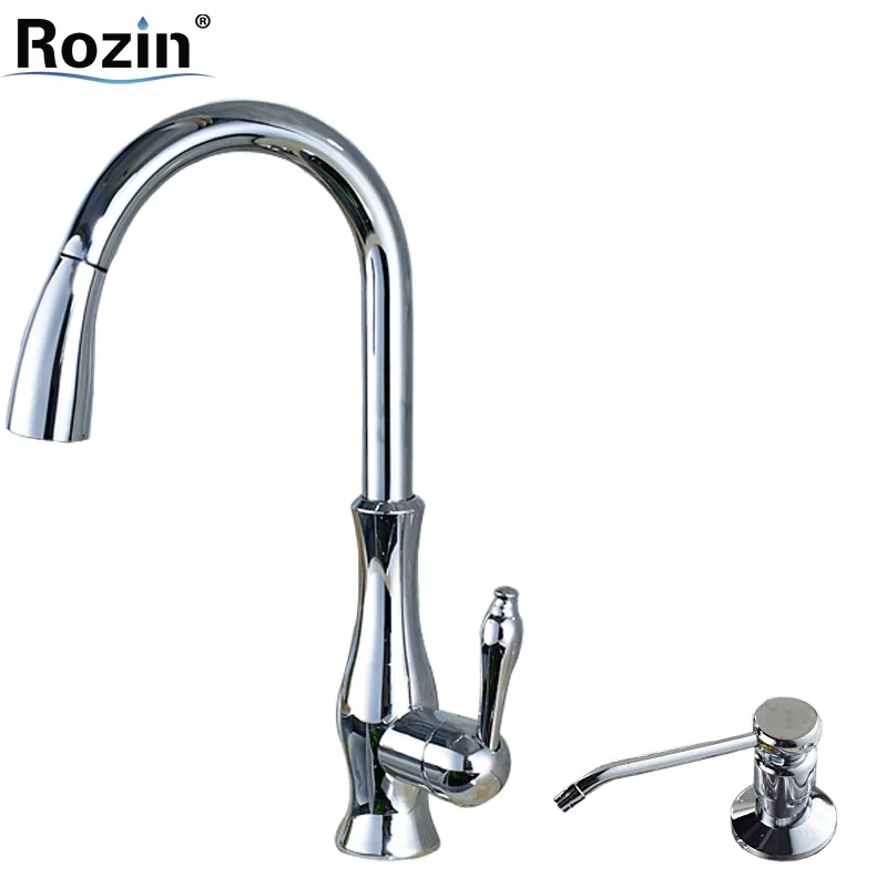 Bright Chrome Pull Out Kitchen Faucet Deck Mounted Single Hole Kitchen Sink Mixer Taps with 220 ml Soap Dispenser