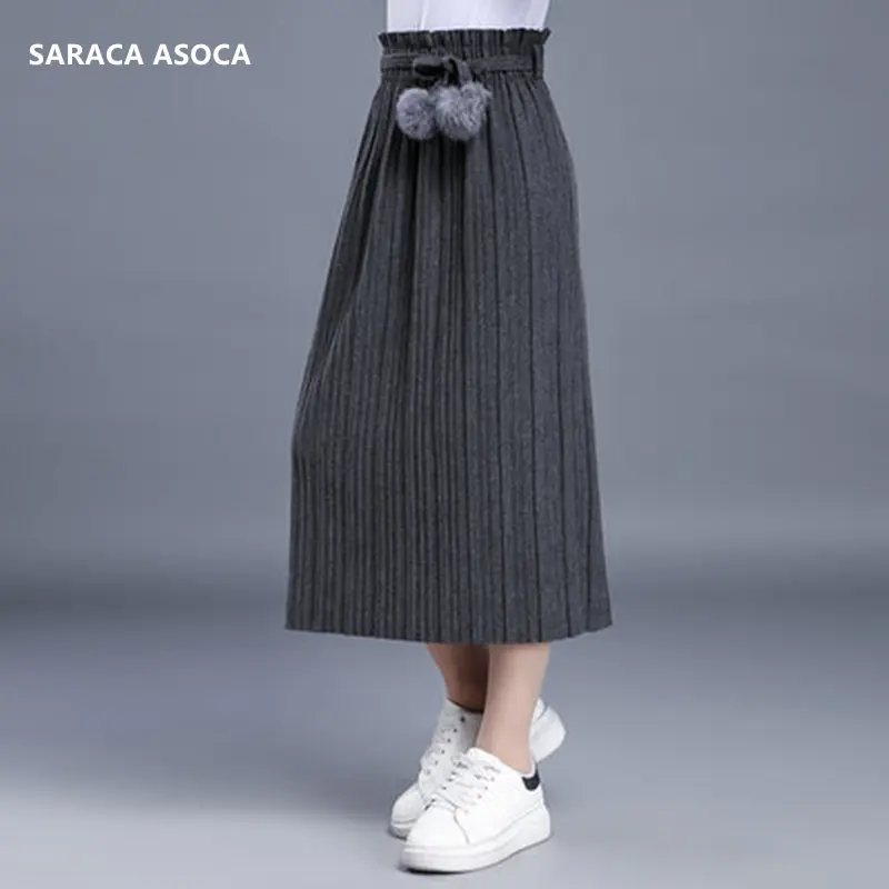 

Autumn Winter Casual Pleated Thick Knit Long Skirt For Girls All-Match Elastic Waist Mid-calf Bust Winter Skirt Women's