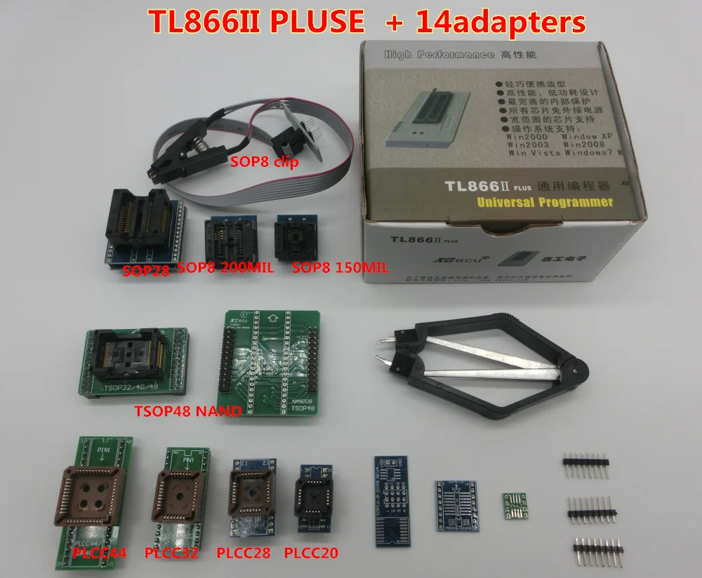 Новейший XGecu TL866II плюс универсальный программатор+ 14 адаптеров+ TSOP32 TSOP48 адаптер+ тестовый зажим