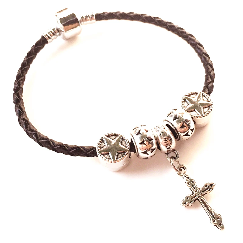 leather bracelet for women jewelry with glass bead & 925 sterling