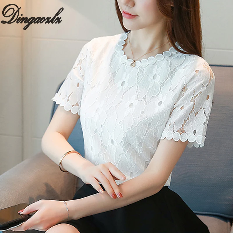 

Dingaozlz Summer Lady Tops New Fashion Women Lace blouse shirt Short-sleeved Hollow-out Crochet Casual clothing Blusa Plus size
