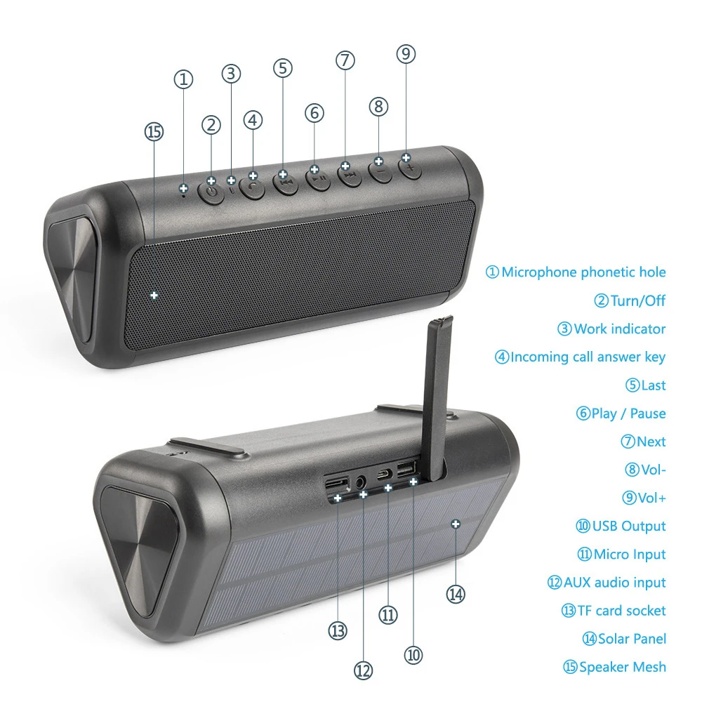 

Outdoor Bluetooth Wireless Speaker Portable Solar Powerful Loudspeaker Support TF Card Music Player Power bank Subwoofer Speaker