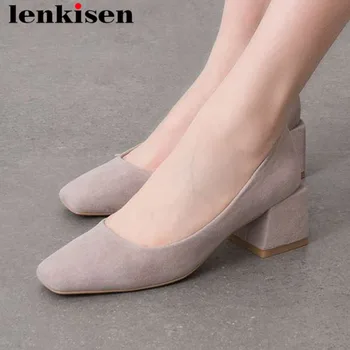 

Lenkisen office lady comfortable natural leather med thick heels slip on square toe block med heels elegant dress cozy pumps L12
