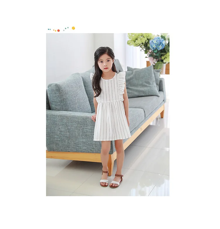 Yeediosn Summer Beach Kids Dresses For Girls Cotton Striped Girls Princess Dress Sleeveless Ruffles Children White Girl Costume (5)