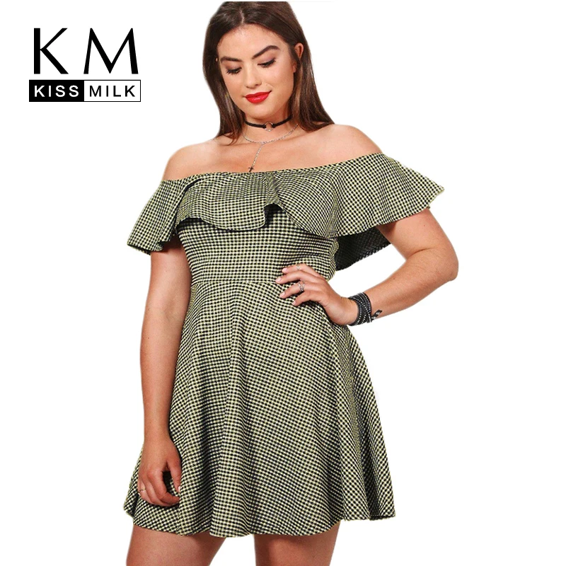 

Kissmilk Plus Size Women Clothing Sexy Slash Neck Ruffles Plaid Elegant Summer Dress Plus Size Dress Vestido 4XL 5XL 6XL