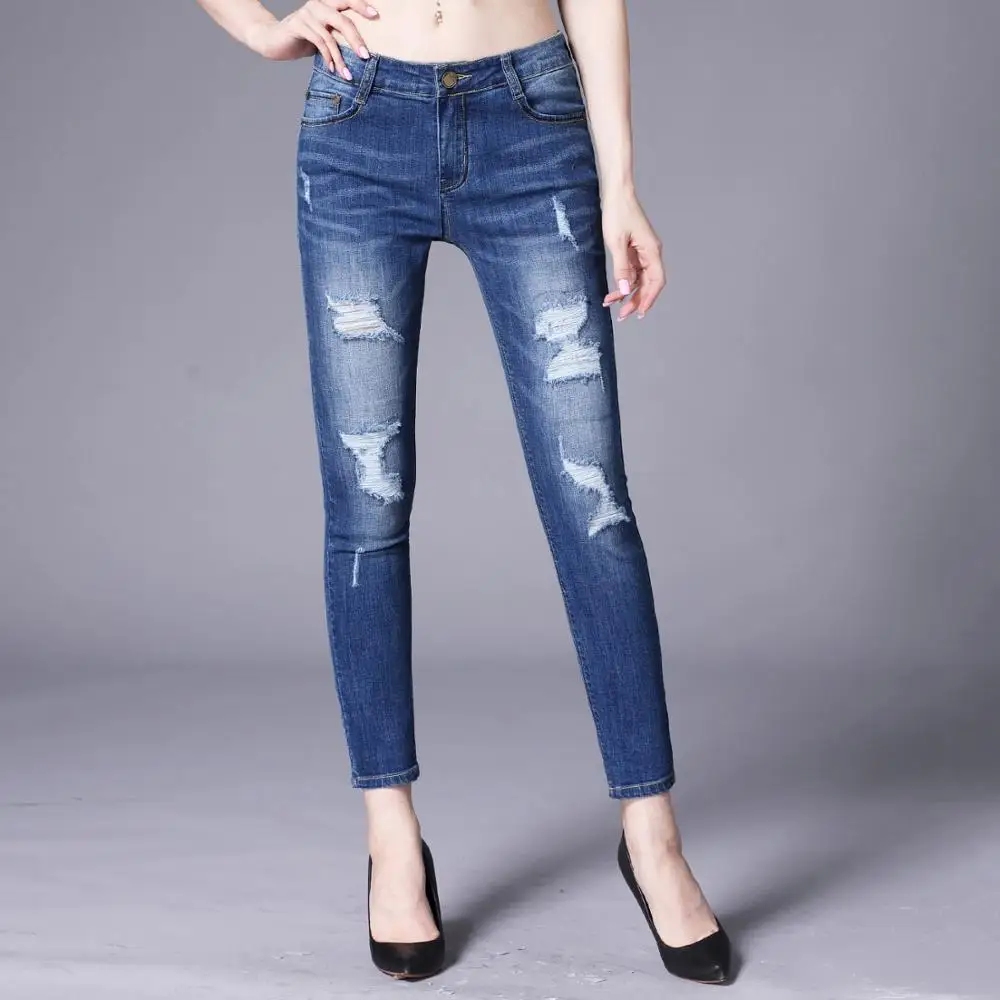 

Fashion famous original brand European and American women's casual jeans white hole pencil pants women's trousers