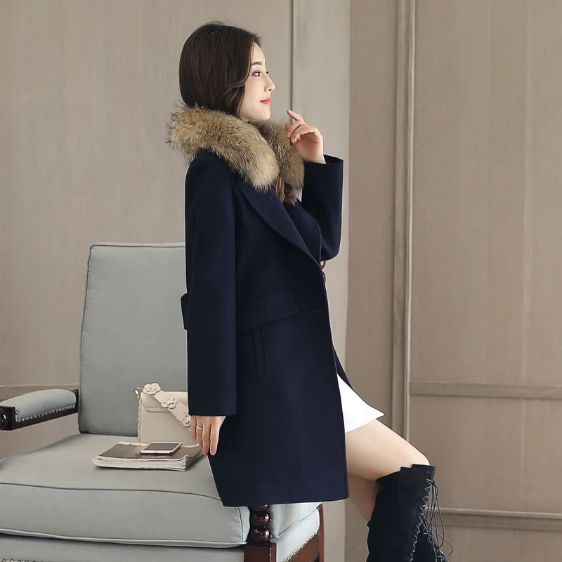 Офисные женские тонкие длинные пальто, зимнее шерстяное пальто на одной пуговице и куртка с отложным воротником, женские пальто - Цвет: Imitation fur collar